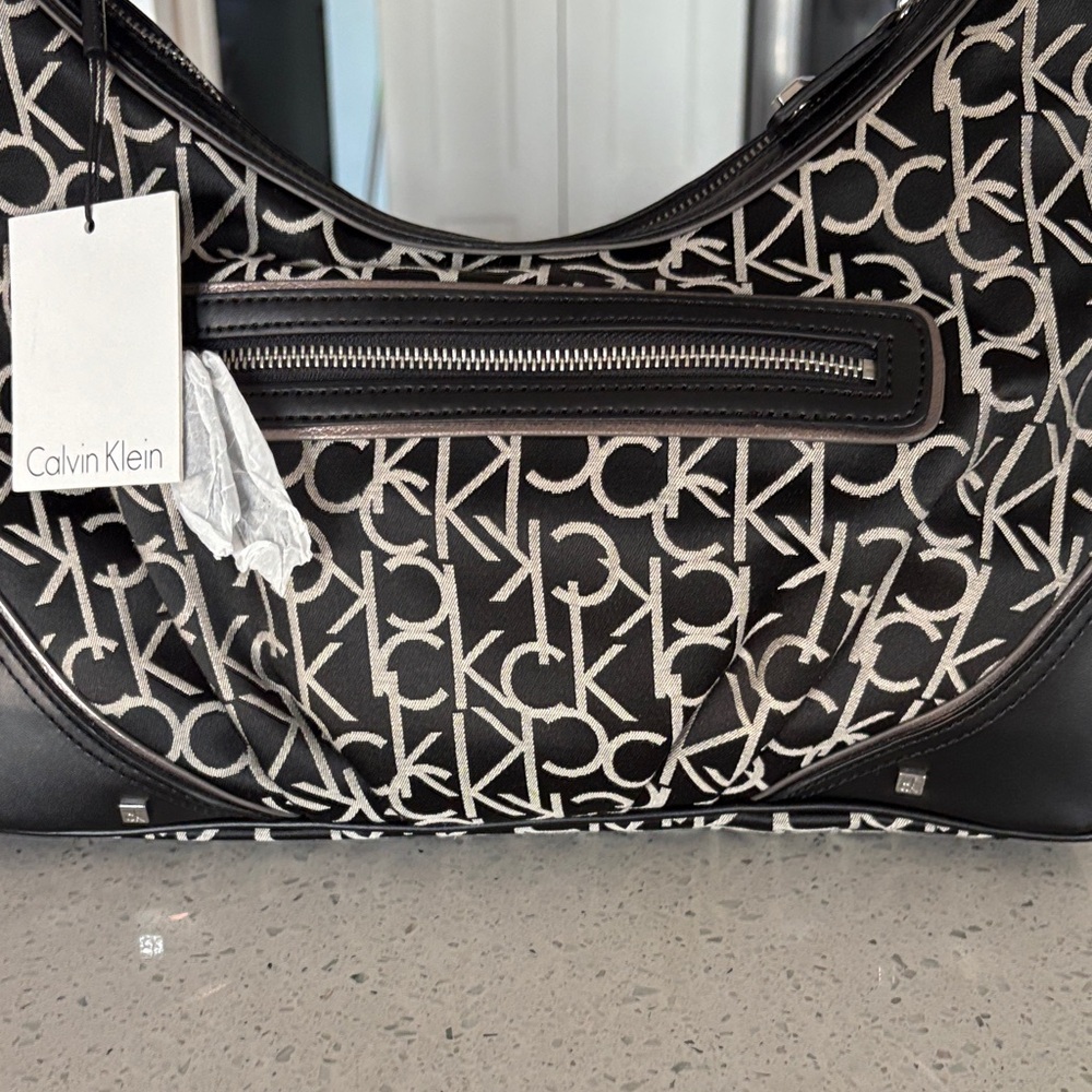 Calvin Klein Black and White Monogram Hobo Bag